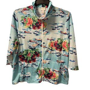 Chicos Weekends Zippered Jacket Size XL Polyester Boating Scene Print